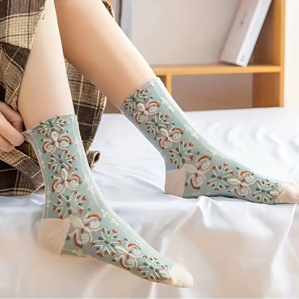 Women’s Socks Embroidery Floral Socks 5pairs Geometric Textured Mid Calf Socks